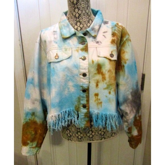 Taxi Blue Denim Jacket Tie Dye Distressed Fringe Cropped Jean Womens Size 2XL - Picture 3 of 9